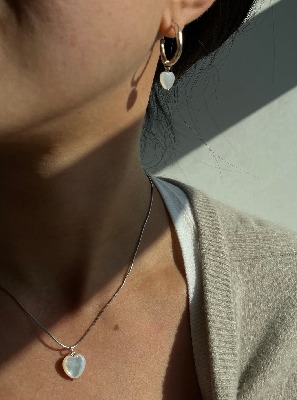 MOTHER OF PEARL PUFFY HEART HOOPS